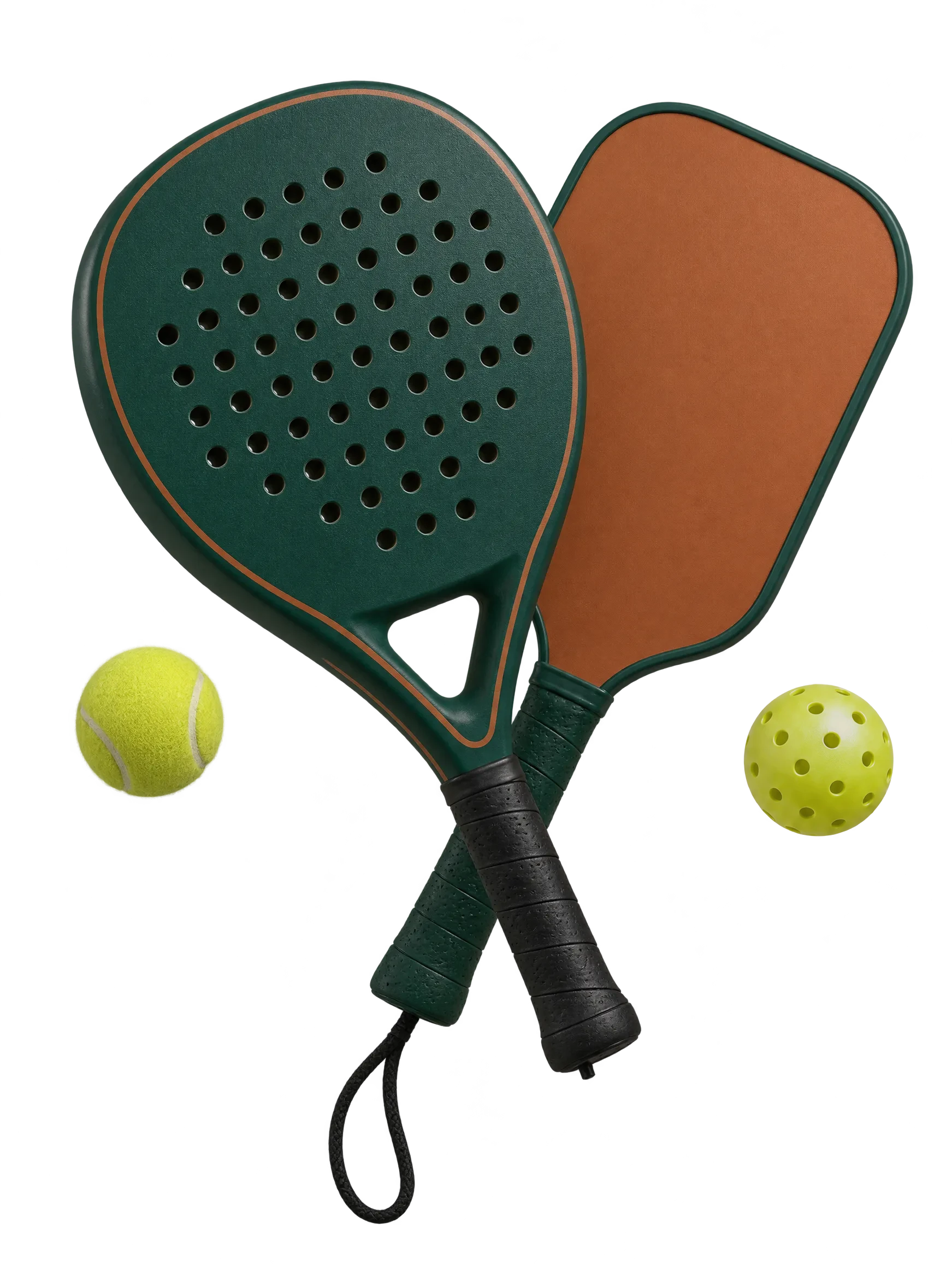 Pala de pádel y pala de pickleball cruzadas, con sus pelotas